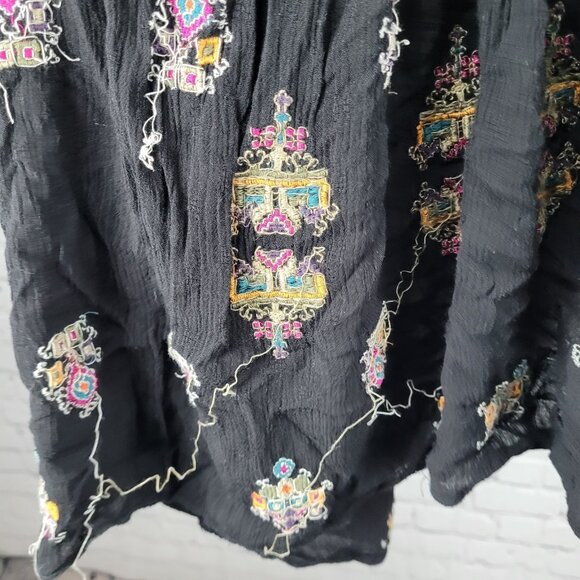 Free People Black Embroidered Long Balloon Sleeve Boho Tunic Top Blouse XS - Picture 6 of 13